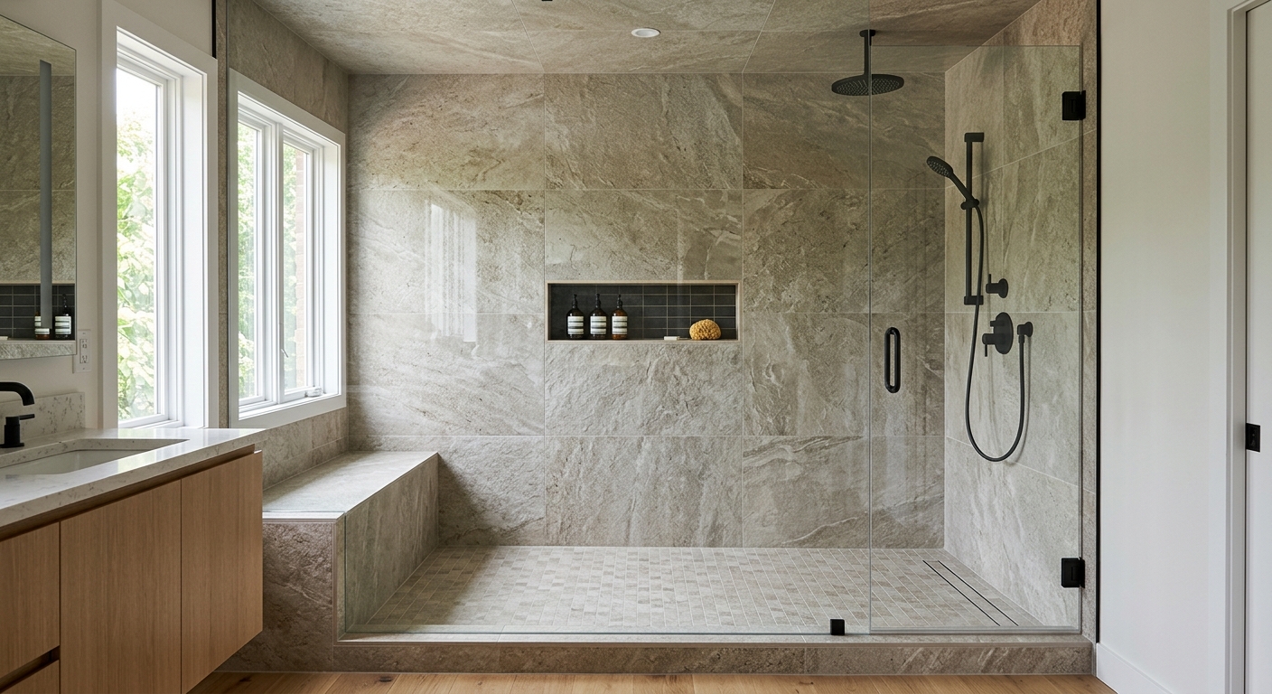 Custom tiled shower with bench seat and niche